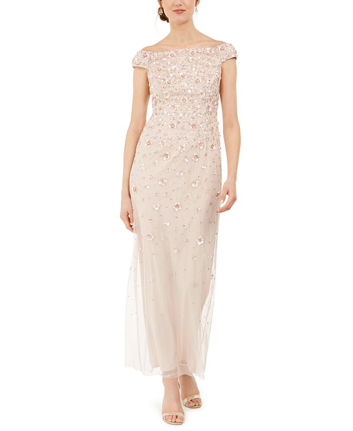 adrianna papell off shoulder beaded gown