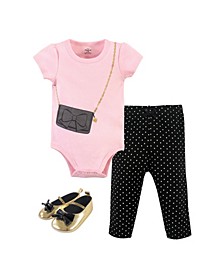Baby Girls Classic Purse Bodysuit, Pant and Shoe Set, Pack of 3