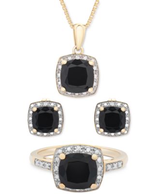 3-Pc. Set Onyx & DiamondAccentPendant Necklace/Ring/Stud Earrings dipped in newest 14k