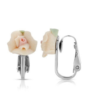 image of 2028 Silver Tone Peach Porcelain Rose Clip Earrings