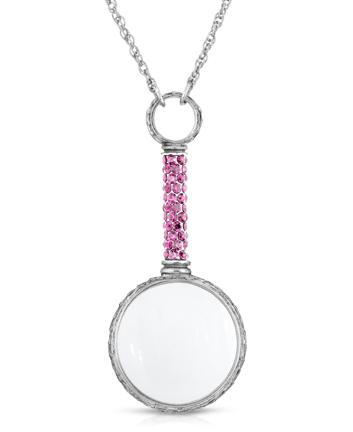 2028 Pewter Crystal Magnifying Glass 30" Necklace In Pink