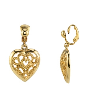 image of 2028 Gold Tone Filigree Heart Drop Clip Earrings