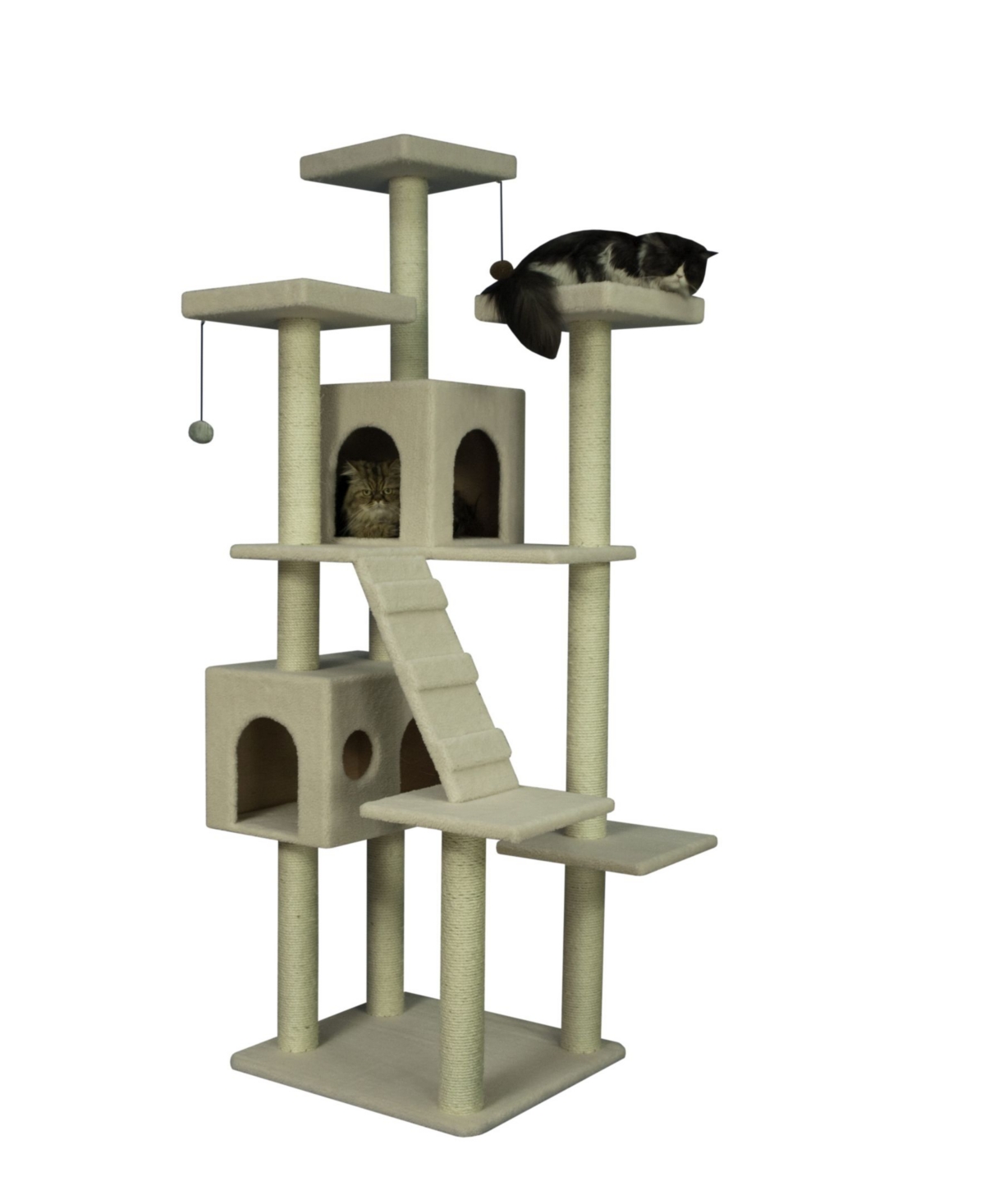 Real Wood Cat Tree, Multi Levels With Ramp, 3 Perches & 2 Condos - Ivory