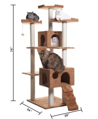 74" Multi-Level Real Wood Cat Tree with ScratchhIng Posts, Large Platform, and Sisal Scratching Posts in Ochre Brown