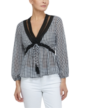 image of Laundry by Shelli Segal Gingham-Print Lace-Trim Top