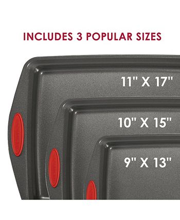 Rachael Ray - (r) Nonstick Bakeware Cookie Pan Set, 3-Piece, Gray with Red Silicone Grips