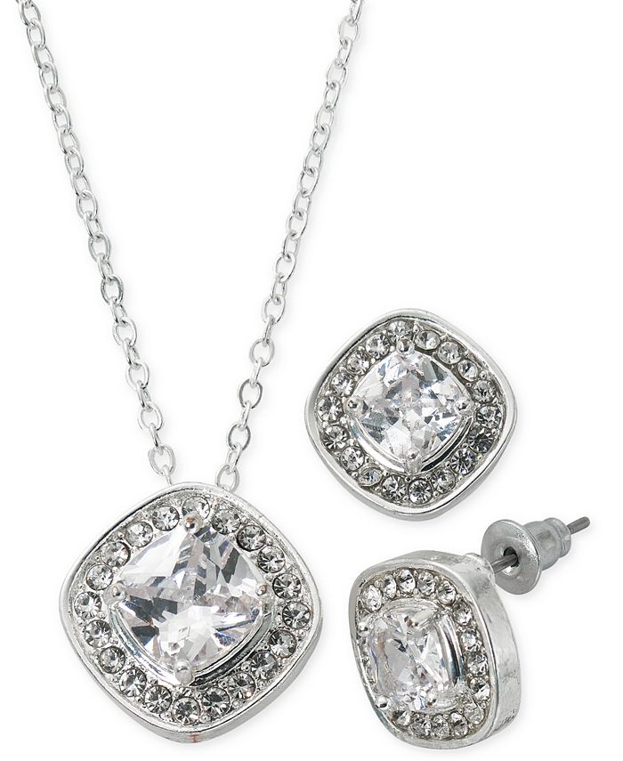 Macy's Silver Plate Cubic Zirconia Square Necklace and Stud Earring Set ...