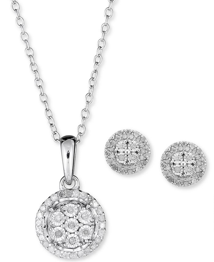 Macy's - 2-Pc. Set Diamond Cluster Pendant Necklace & Matching Stud Earrings in Sterling Silver