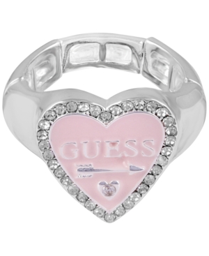 image of Guess Silver-Tone Pave Logo Heart Stretch Ring