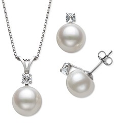 2-Pc. Set White Cultured Freshwater Pearl (9-10mm) & White Topaz Accent Pendant Necklace & Matching Stud Earrings in Sterling Silver (Also in Pink and Dyed Black Cultured Freshwater Pearl)