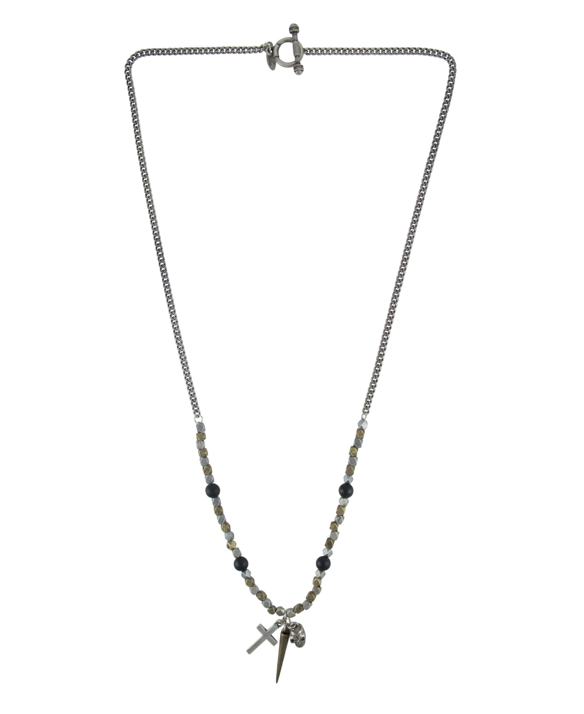 Mixed Metal Faceted Bead Necklace with Spike, Cross and Skull Charms - Multi