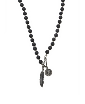 image of Mr Ettika Lava Stone Rosary Necklace with Feather and Mary Pendants