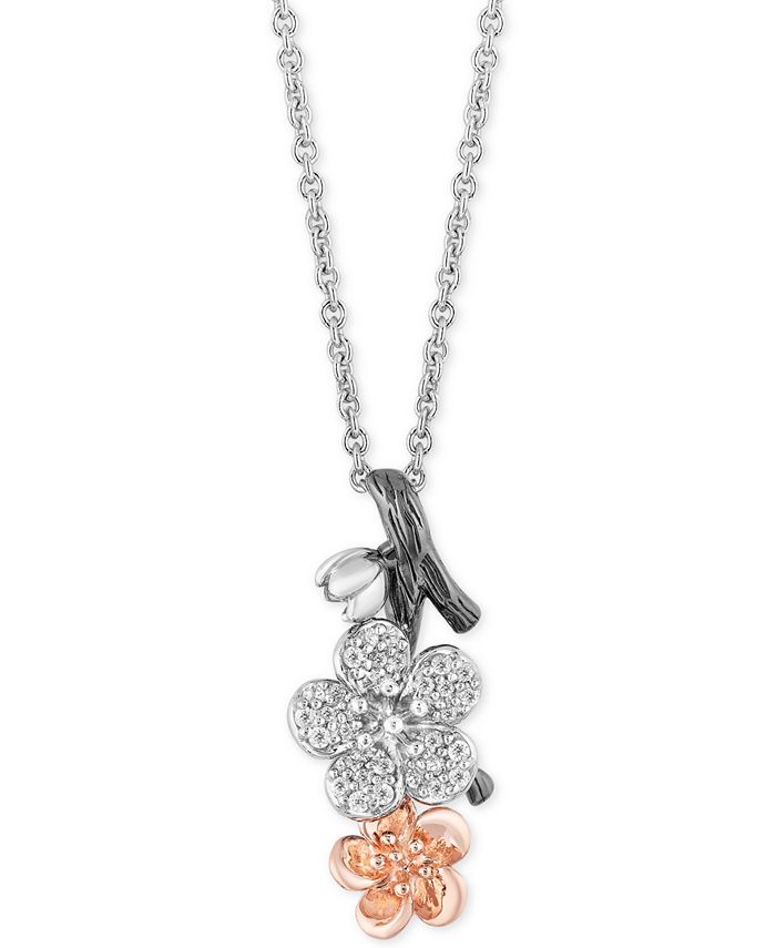 Enchanted Disney Fine Jewelry - Diamond (1/6 ct. t.w.) Mulan Flower Pendant Necklace in Sterling Silver and 14k Rose Gold, 16" + 2" Extender