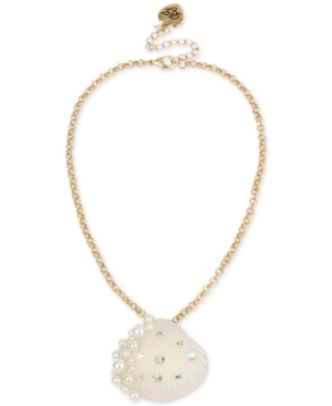 image of Betsey Johnson Gold-Tone Pave & Imitation Pearl Seashell Pendant Necklace, 16