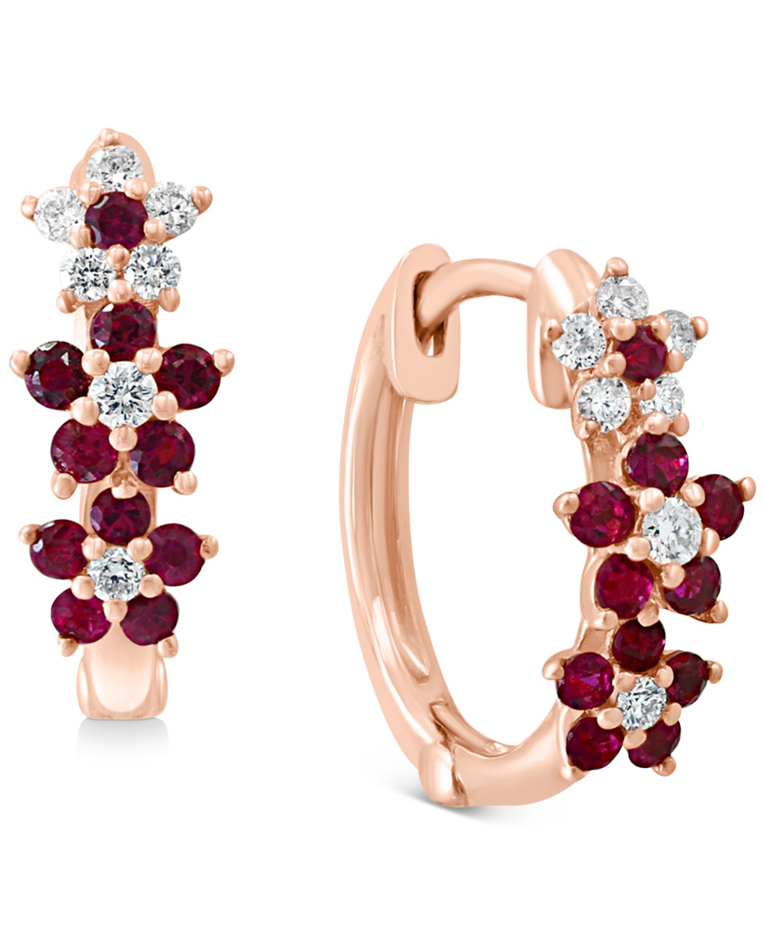 Ruby (1/3 ct. t.w.) & Diamond (1/8 ct. t.w.) Extra-Small Flower Hoop Earrings in 14k Yellow Gold, 0.15" (Also available in Sapphire)