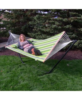 Outdoor 2-Person Quilted Fabric Hammock with Spreader Bars and Freestanding Stand