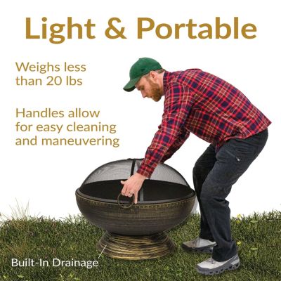 Outdoor Camping or Backyard Large Fire Pit Bowl with Spark Screen, Log Poker, and Metal Wood Grate - 30" - Bronze