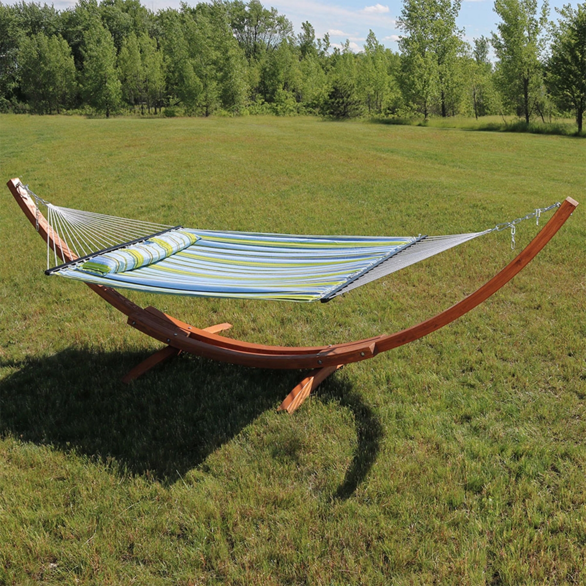 Quilted Double Fabric 2-Person Hammock with Curved Arc Wood Stand