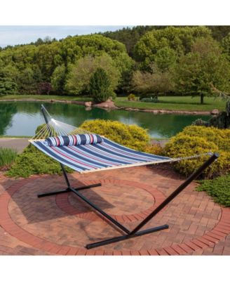 Outdoor 2-Person Quilted Fabric Hammock with Spreader Bars and Freestanding Stand
