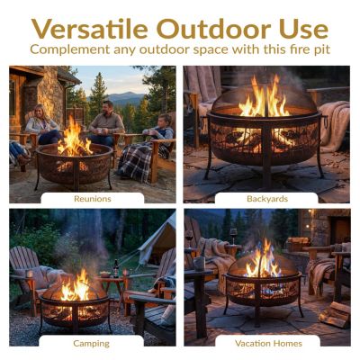 Outdoor Camping or Backyard Steel Northwoods Fishing Fire Pit with Spark Screen - 30" - Bronze