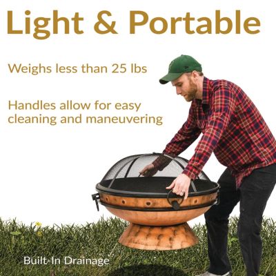 Outdoor Camping or Backyard Large Round Fire Pit Bowl with Handles and Spark Screen - 30" - Copper Finish