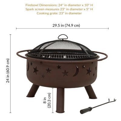 Outdoor Camping or Backyard Round Cosmic Stars and Moons Fire Pit with Cooking Grill Grate, Spark Screen, and Log Poker - 30"