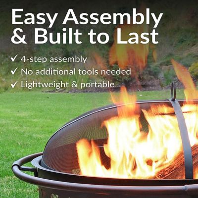 Outdoor Camping or Backyard Crossweave Cut Out Fire Pit with Spark Screen, Log Poker, and Metal Wood Grate - Bronze