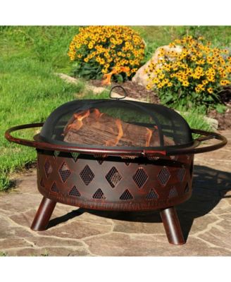Outdoor Camping or Backyard Crossweave Cut Out Fire Pit with Spark Screen and Log Poker