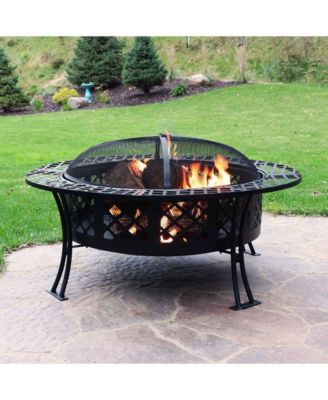 Outdoor Camping or Backyard Steel Diamond Weave Fire Pit Bowl with Spark Screen - 40" - Black