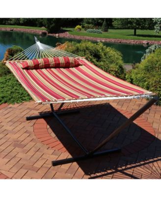 Outdoor 2-Person Quilted Fabric Hammock with Spreader Bars and Freestanding Stand