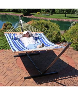 Outdoor 2-Person Quilted Fabric Hammock with Spreader Bars and Freestanding Stand