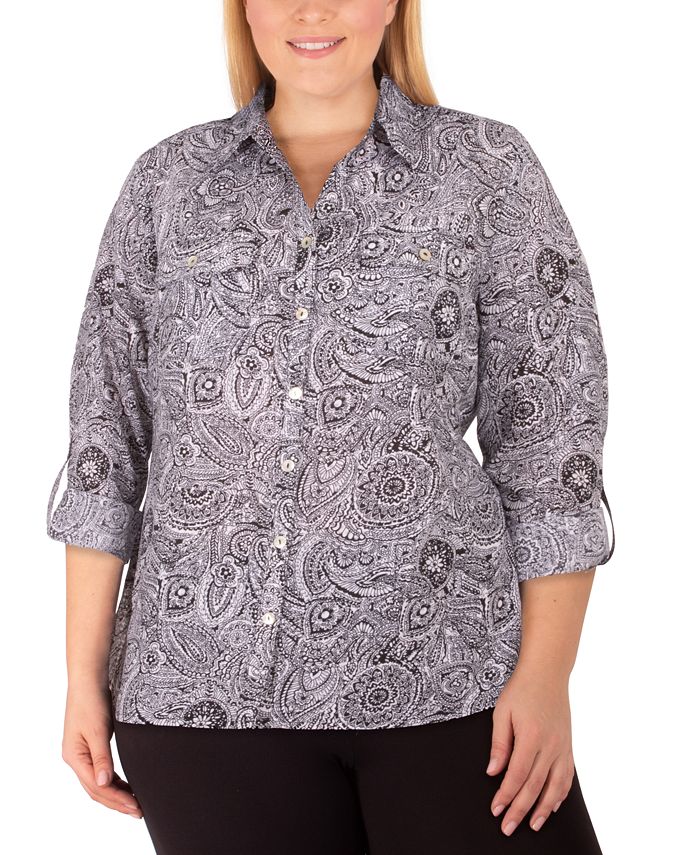 NY Collection Women's Plus Size Allover Print Utility Shirt Macy's