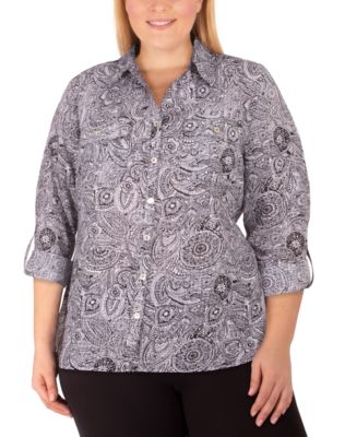NY Collection Women's Plus Size Printed Utility Shirt Dark Yellow Size 1X
