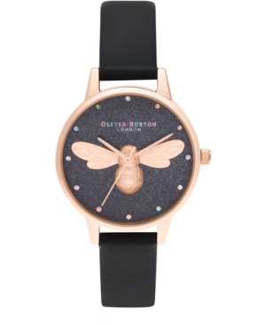 image of Olivia Burton Women-s Lucky Bee Black Vegan Leather Strap Watch 30mm