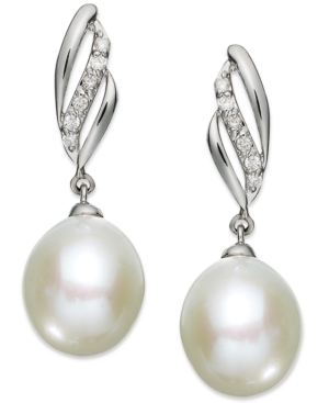 image of 14k White Gold Earrings, Cultured Freshwater Pearl (9mm) and Diamond (1/10 ct. t.w.) Drop Earrings