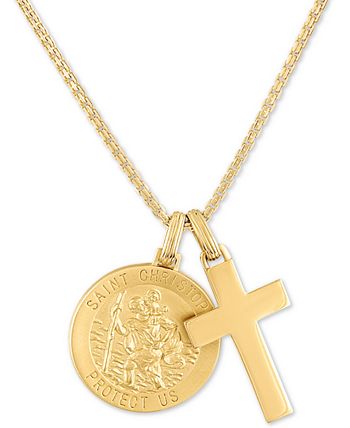 Esquire Men's Jewelry - St. Christopher & Cross 24" Pendant Necklace in 14k Gold-Plated Sterling Silver
