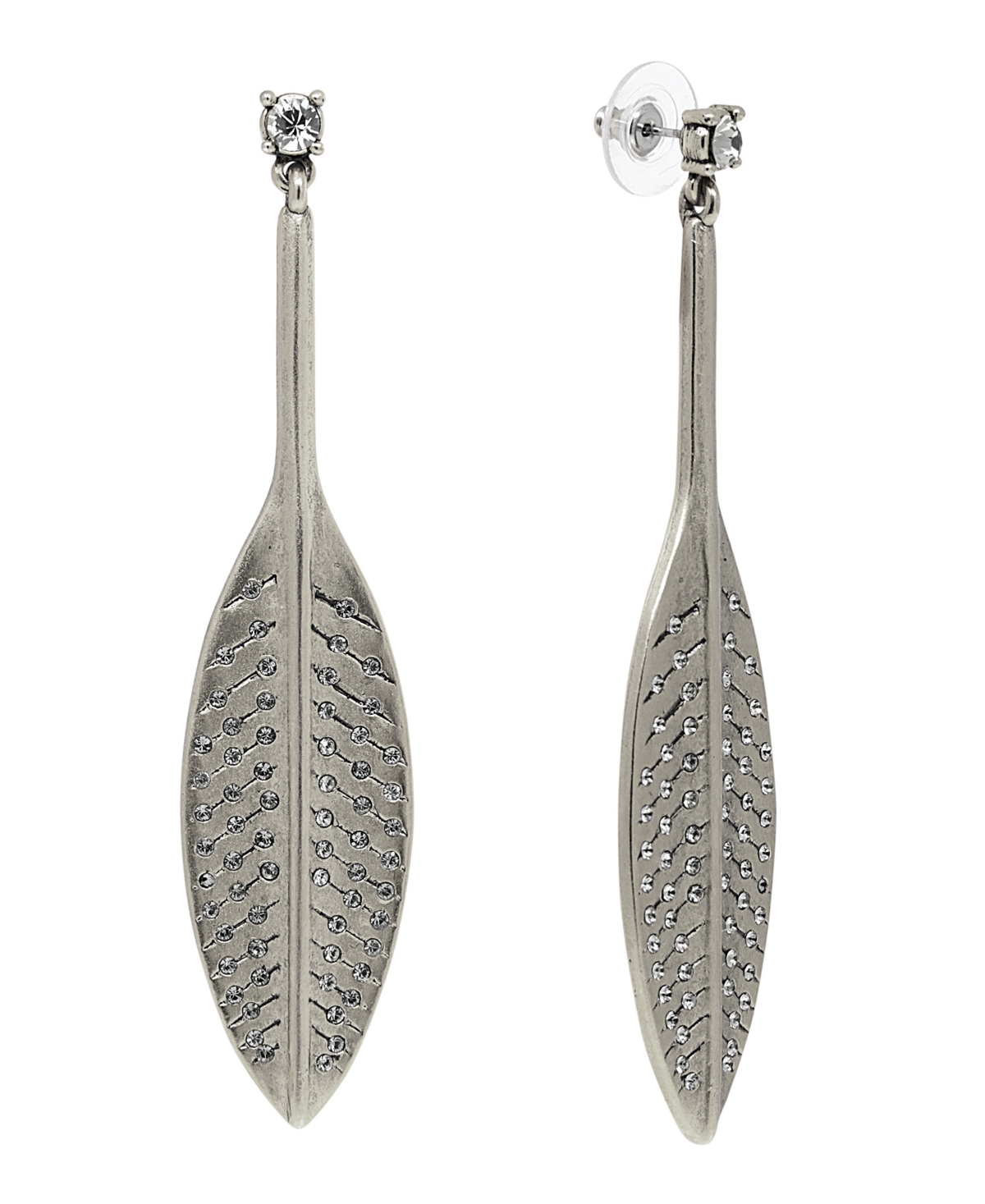 1928 T.r.u. By  Pewter Tone Feather Hand Set Pave Earring With Crystals In Silver-tone