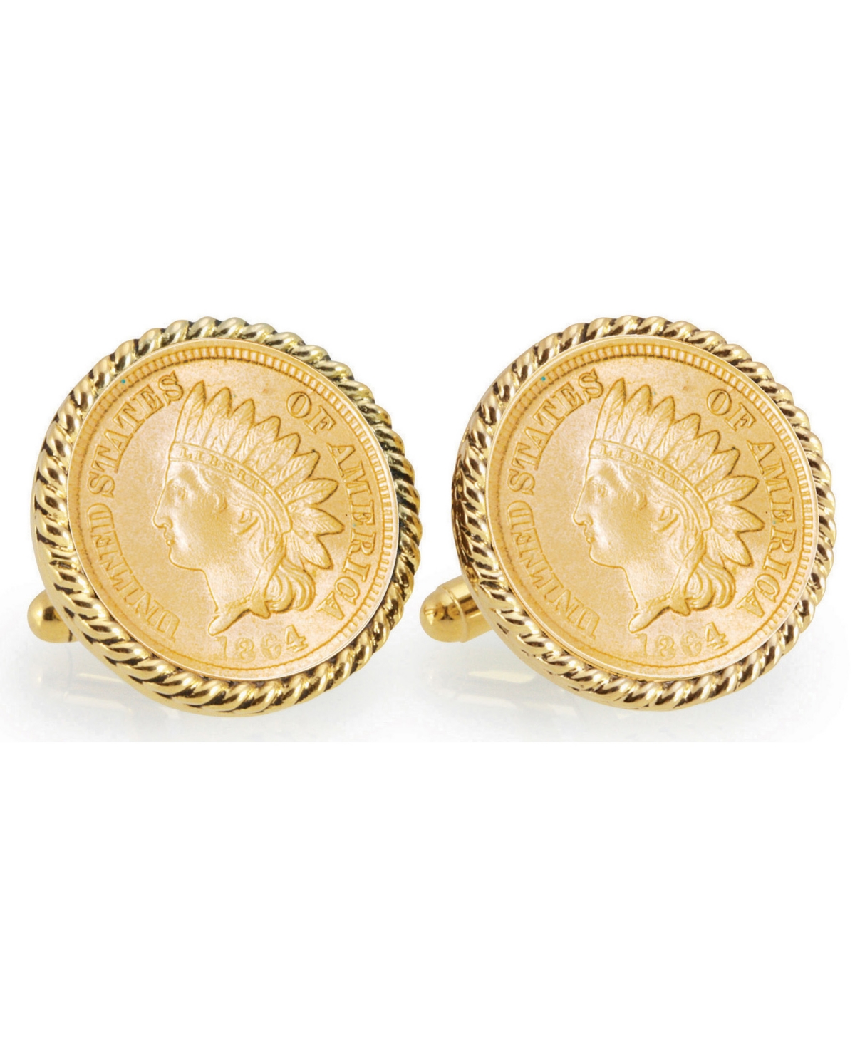 Gold-Layered Civil War Indian Head Penny Rope Bezel Coin Cuff Links - Gold