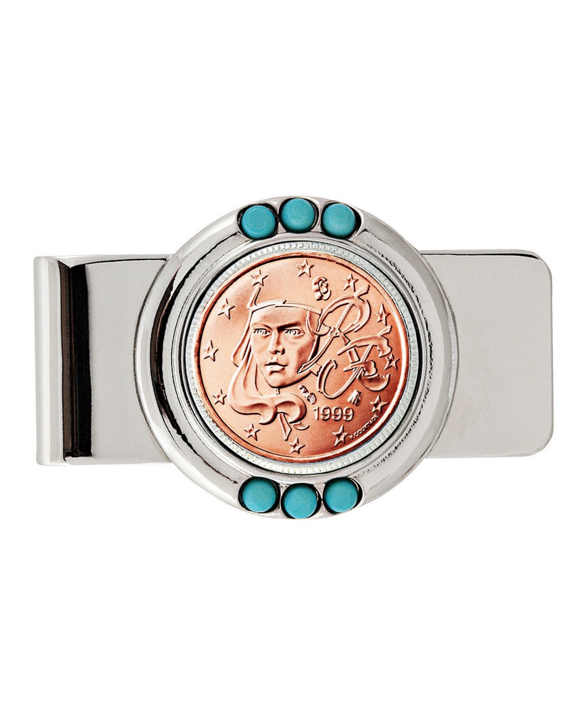 Men's American Coin Treasures French 2 Euro Coin Turquoise Money Clip - Silver