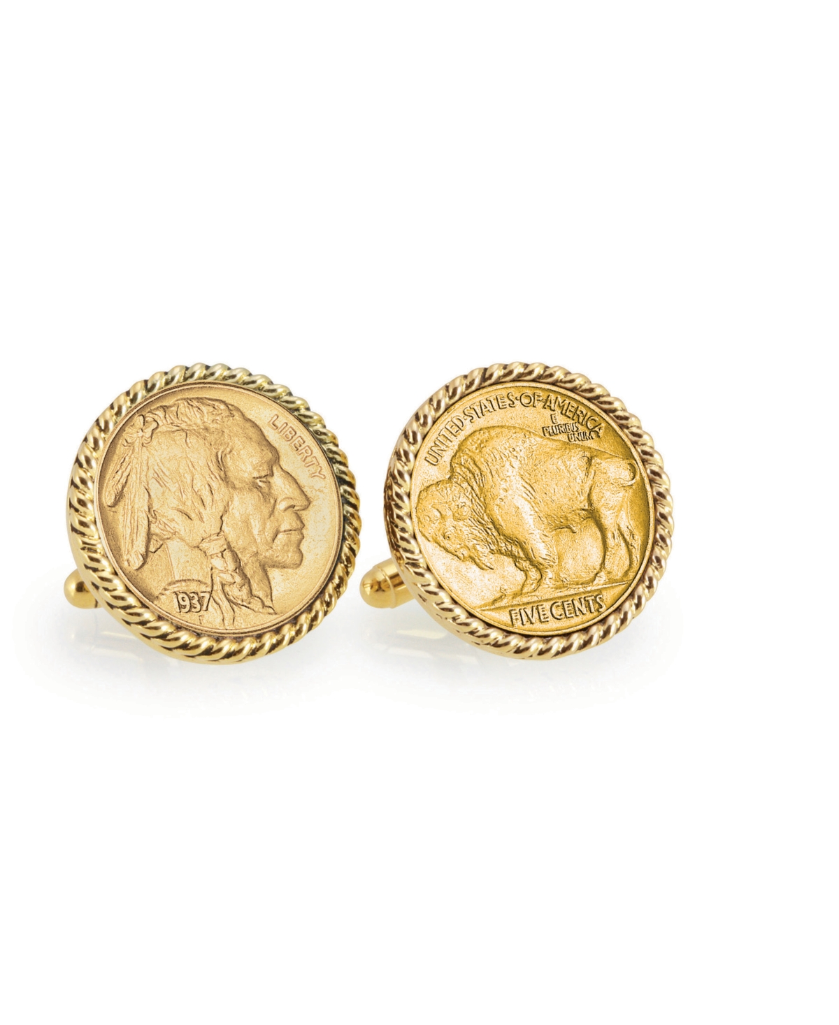 Gold-Layered Buffalo Nickel Rope Bezel Coin Cuff Links - Gold