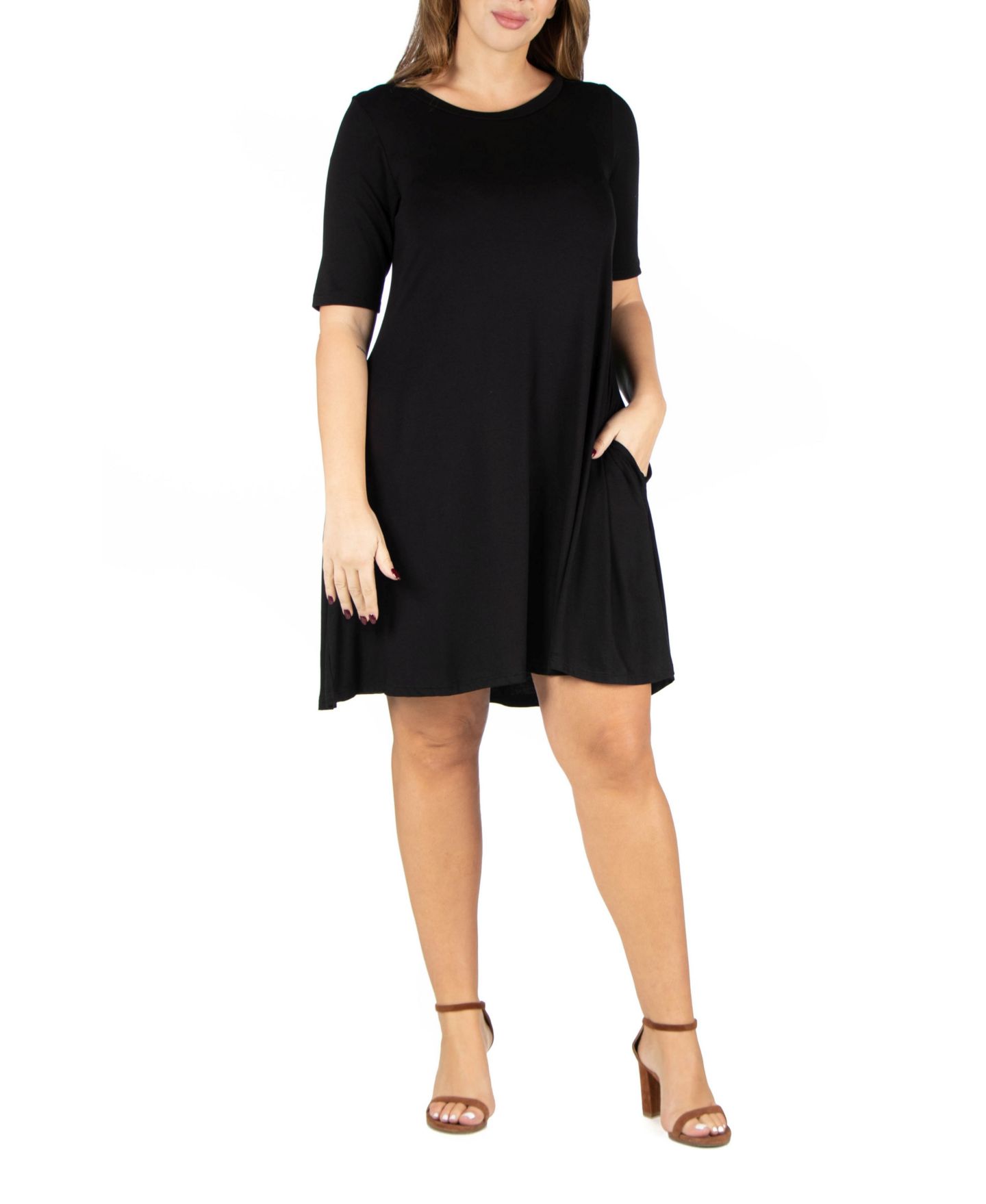 Женское платье 24seven Comfort Apparel Plus Size Knee Length Pocket T-shirt, цвет: Чёрный — фото 1