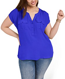 Plus Size Woven-Front V-Neck Top, Created for Macy's