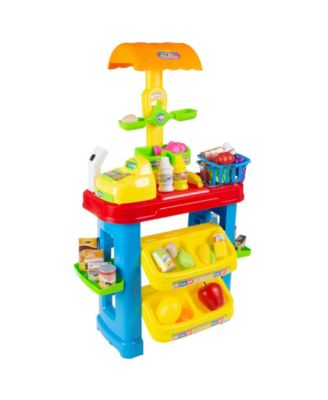 Hey Play Kids Grocery Store Selling Stand - Supermarket Playset With Toy Cash Register, Scanner, Play Money, Shopping Basket And Food, 28 Pieces