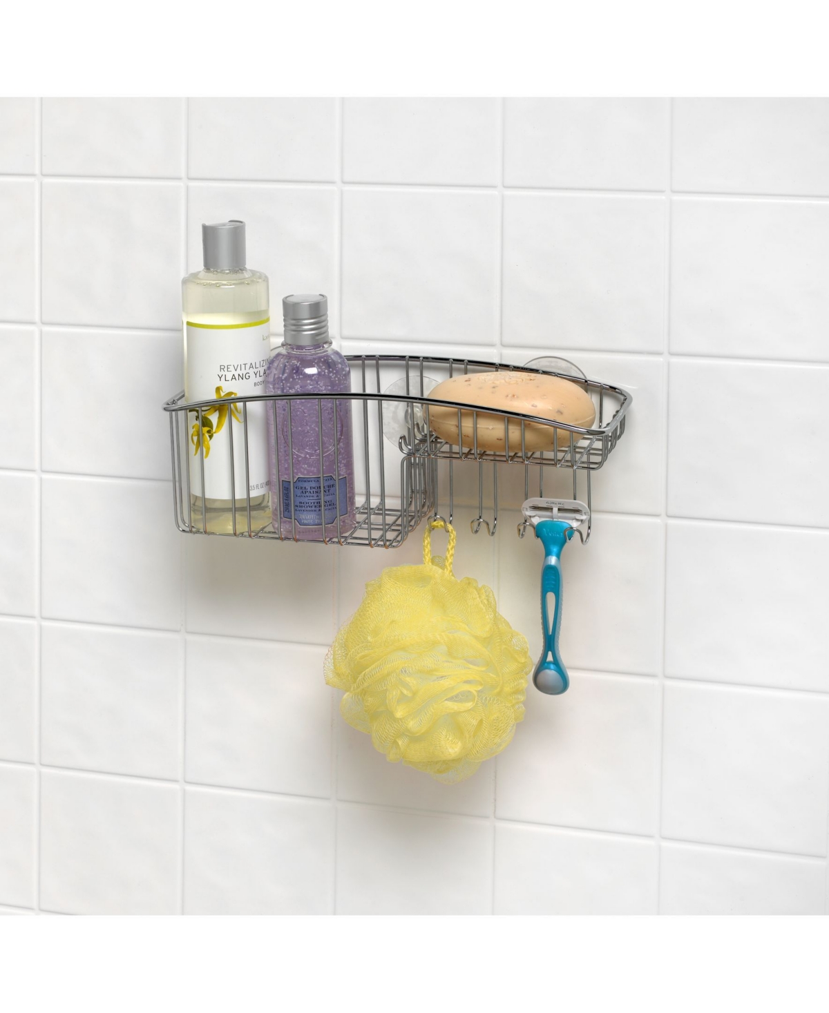 Contempo Suction Shower Basket with Hooks - Silver