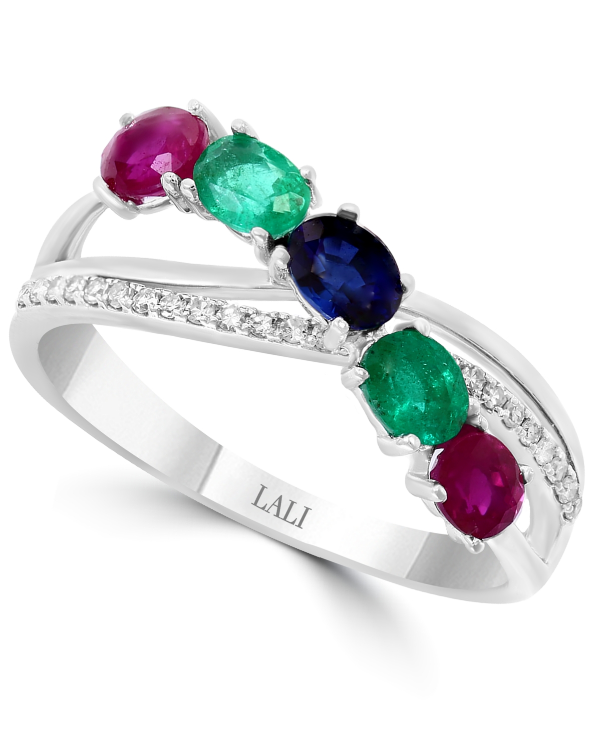 Multi-Gemstone (7/8 ct. t.w.) & Diamond (1/10 ct. t.w.) Ring in 14k White Gold - Emerald