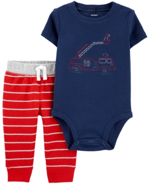 Carter's Baby Boys 2-Pc Cotton Firetruck Bodysuit & Striped Jogger Pants Set