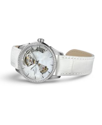 Women's Swiss Automatic Jazzmaster Open Heart Diamond 1/3 ct. t.w. White Leather Strap Watch 36mm
