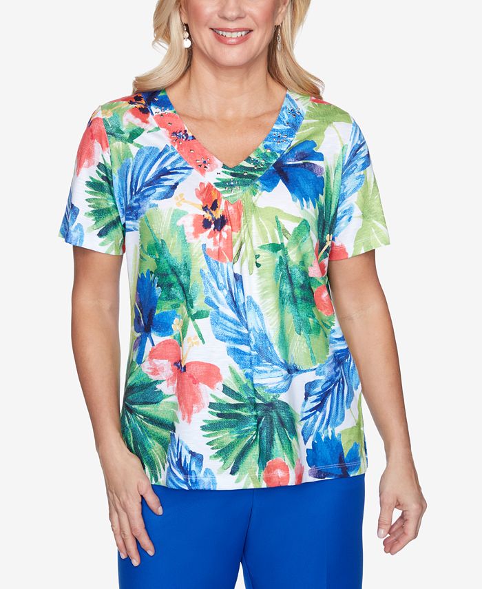 Alfred Dunner Women's Missy Look On The Brightside Watercolor Tropical ...