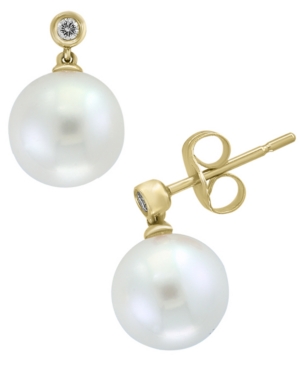 image of Effy Cultured Freshwater Pearl (8mm) & Diamond (1/20 ct. t.w.) Drop Earrings in 14k Gold