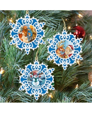 Designocracy White Christmas Snowflakes Wooden Ornaments, Set Of 3 In Multi